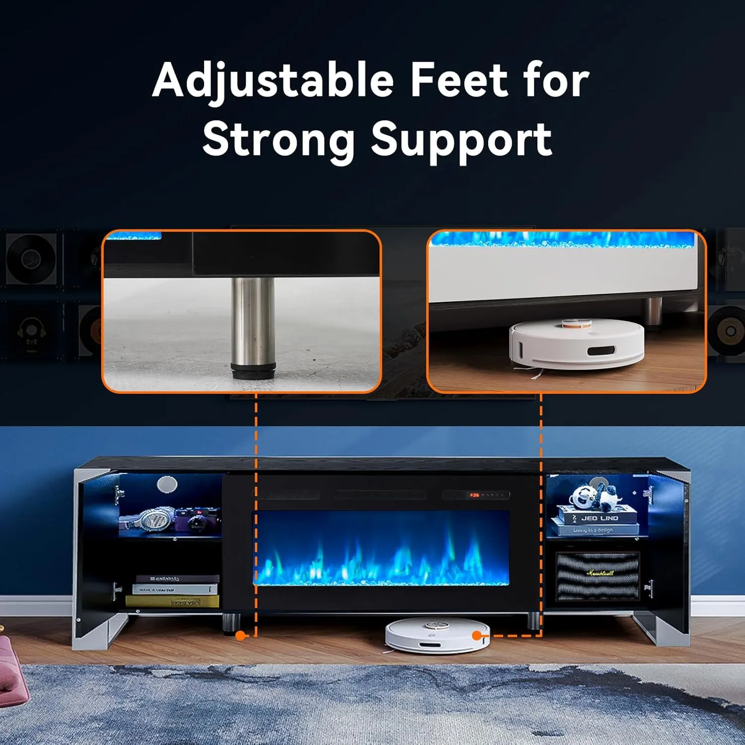 70" U-Shaped Adjustable Legs Fireplace TV Stand with Cabinet