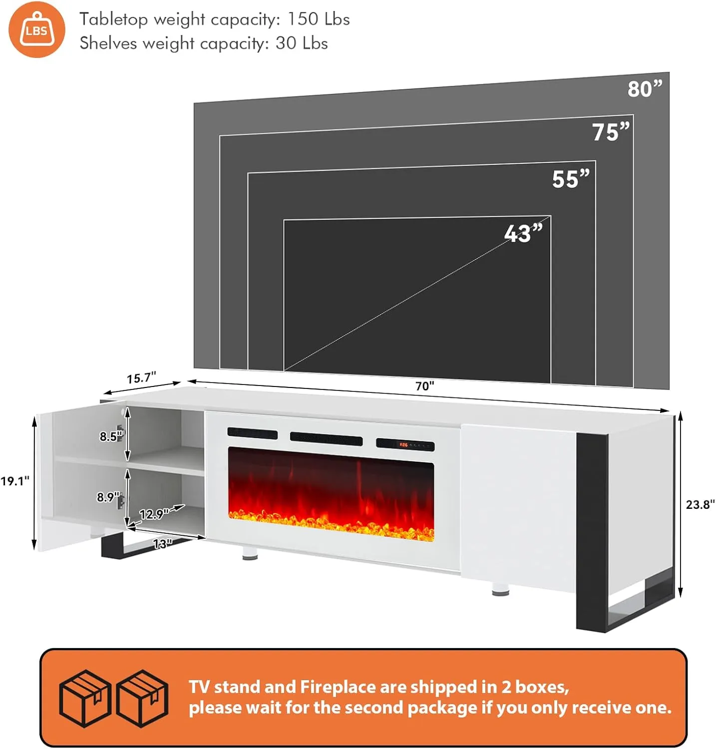 70" U-Shaped Adjustable Legs Fireplace TV Stand with Cabinet