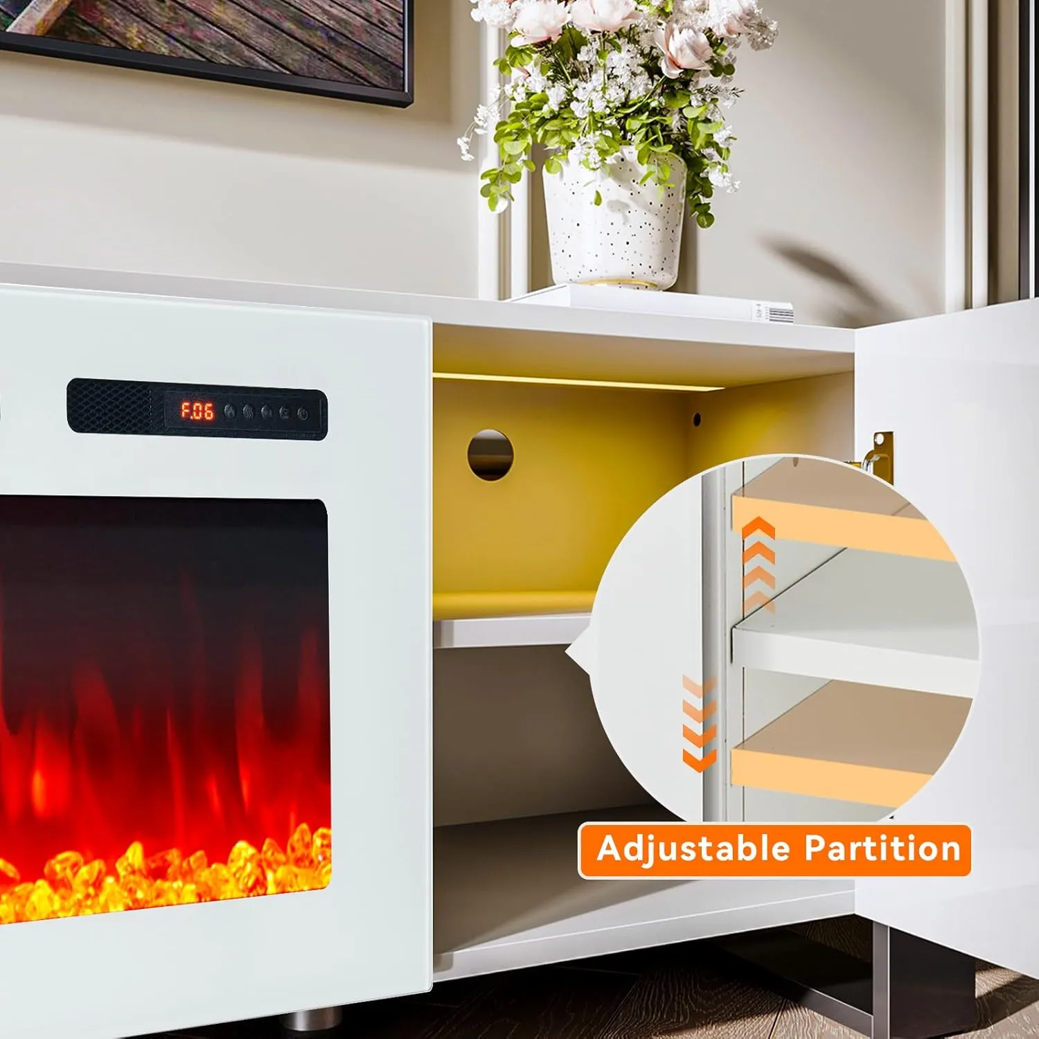 70" U-Shaped Adjustable Legs Fireplace TV Stand with Cabinet