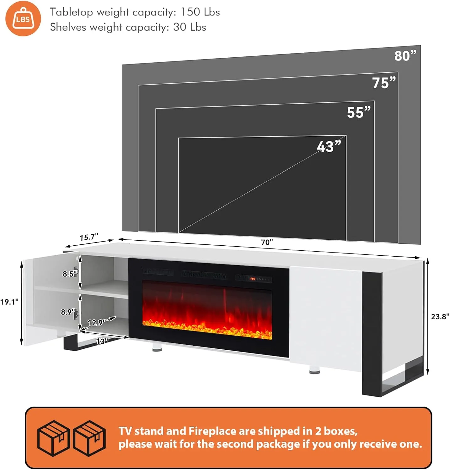 70" U-Shaped Adjustable Legs Fireplace TV Stand with Cabinet