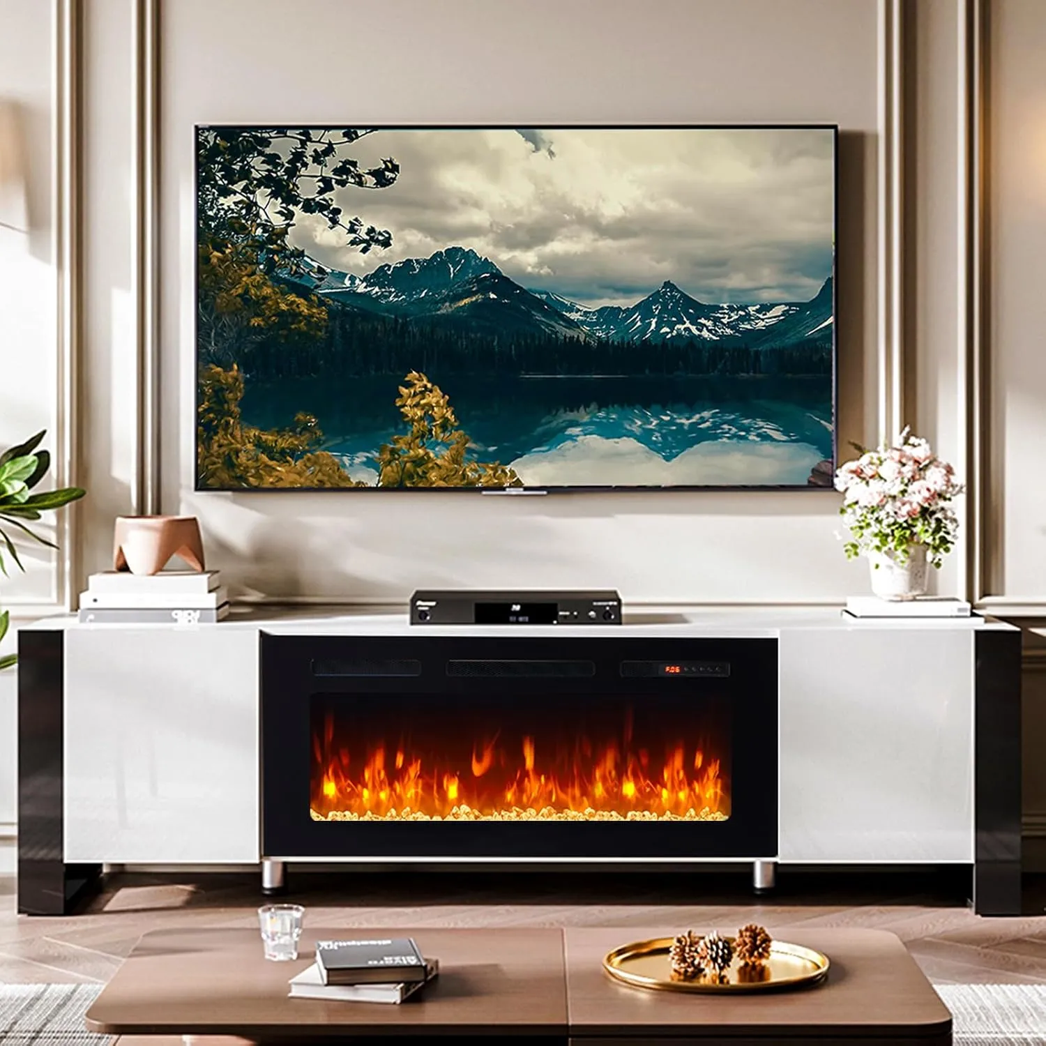 70" U-Shaped Adjustable Legs Fireplace TV Stand with Cabinet