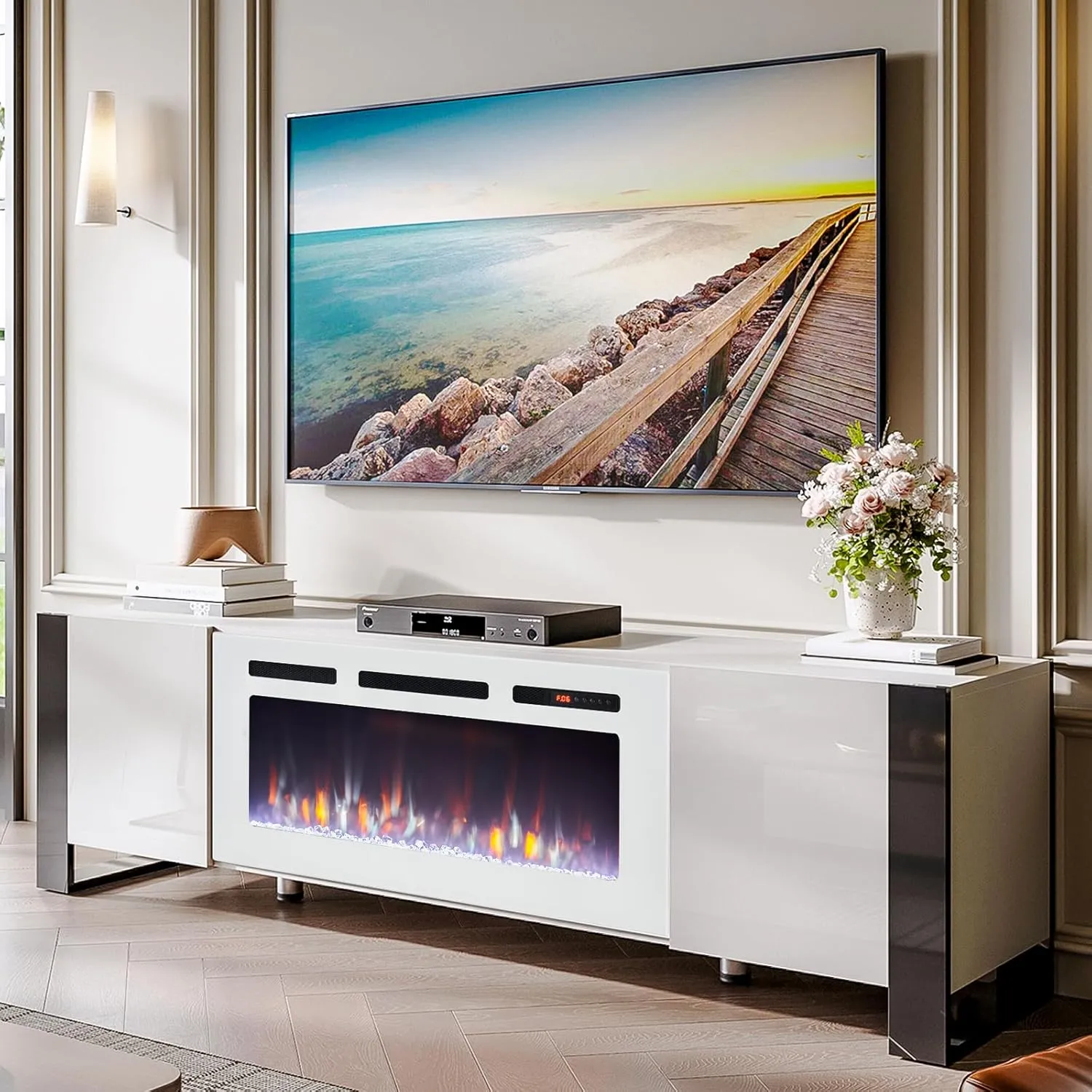 70" U-Shaped Adjustable Legs Fireplace TV Stand with Cabinet