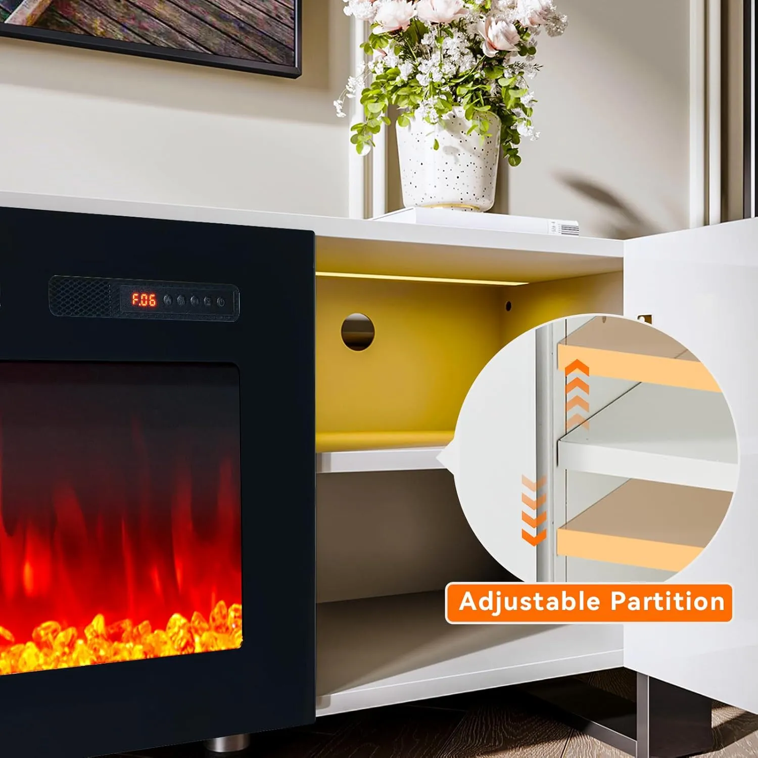 70" U-Shaped Adjustable Legs Fireplace TV Stand with Cabinet