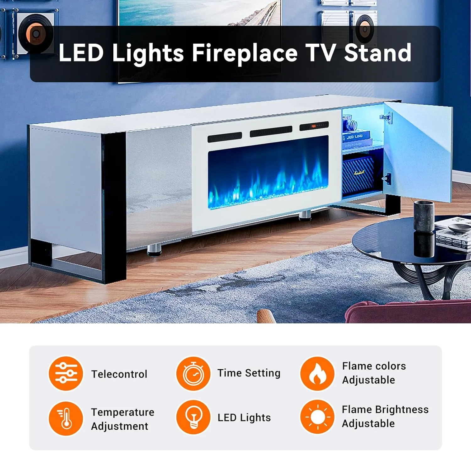 70" U-Shaped Adjustable Legs Fireplace TV Stand with Cabinet