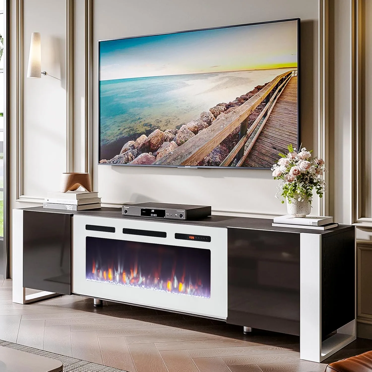 70" U-Shaped Adjustable Legs Fireplace TV Stand with Cabinet
