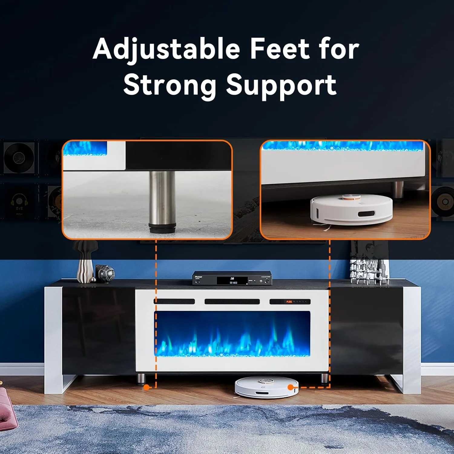 70" U-Shaped Adjustable Legs Fireplace TV Stand with Cabinet