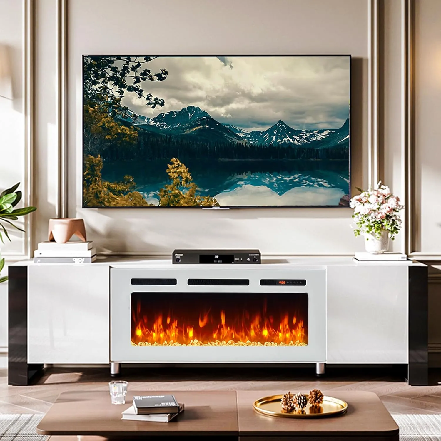 70" U-Shaped Adjustable Legs Fireplace TV Stand with Cabinet