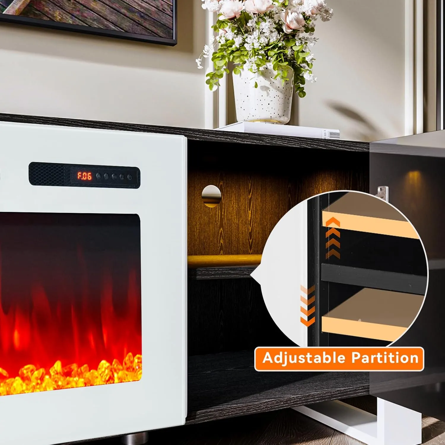 70" U-Shaped Adjustable Legs Fireplace TV Stand with Cabinet