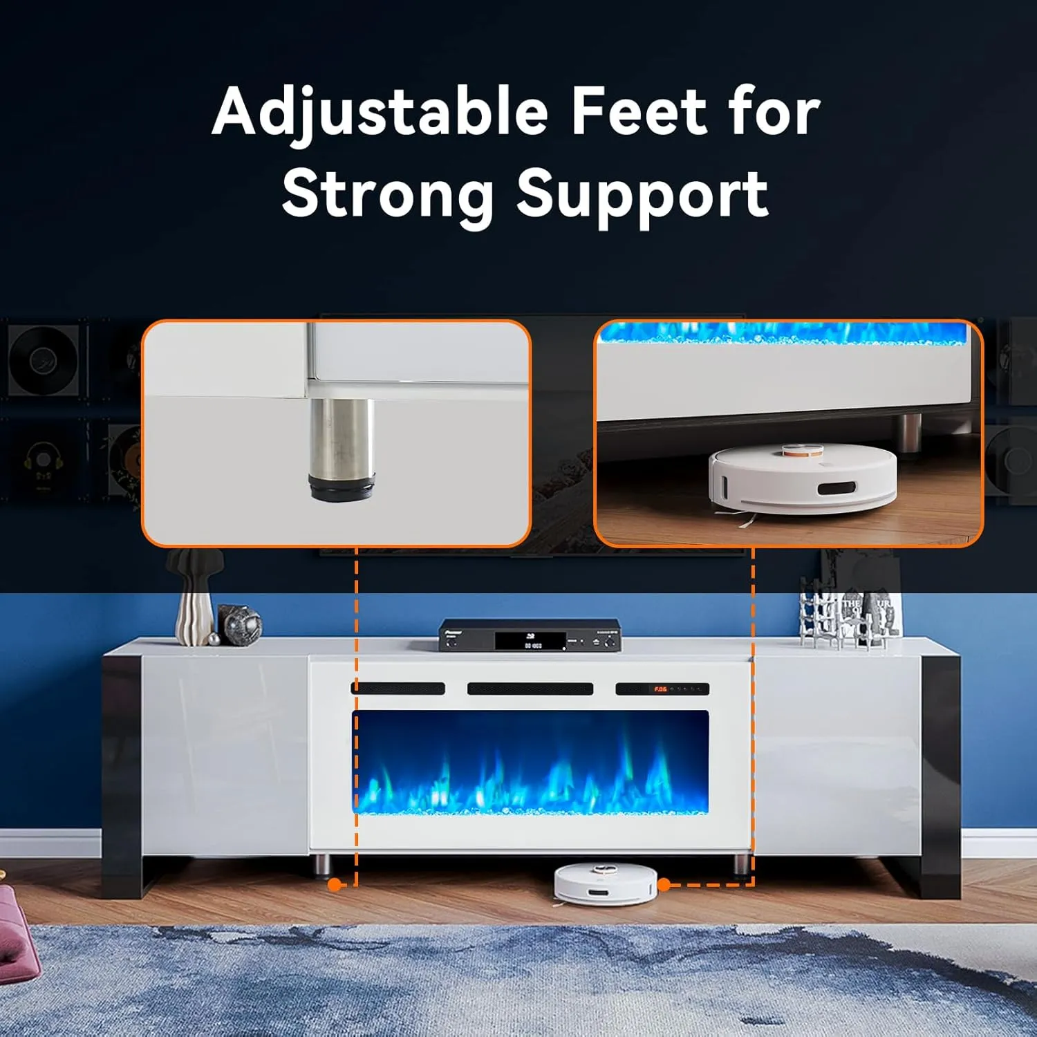 70" U-Shaped Adjustable Legs Fireplace TV Stand with Cabinet