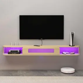 82.6" Slim Floating TV Stand Wall Shelf with LED Lights and Glass Door for up to 85" TVs, Light Oak