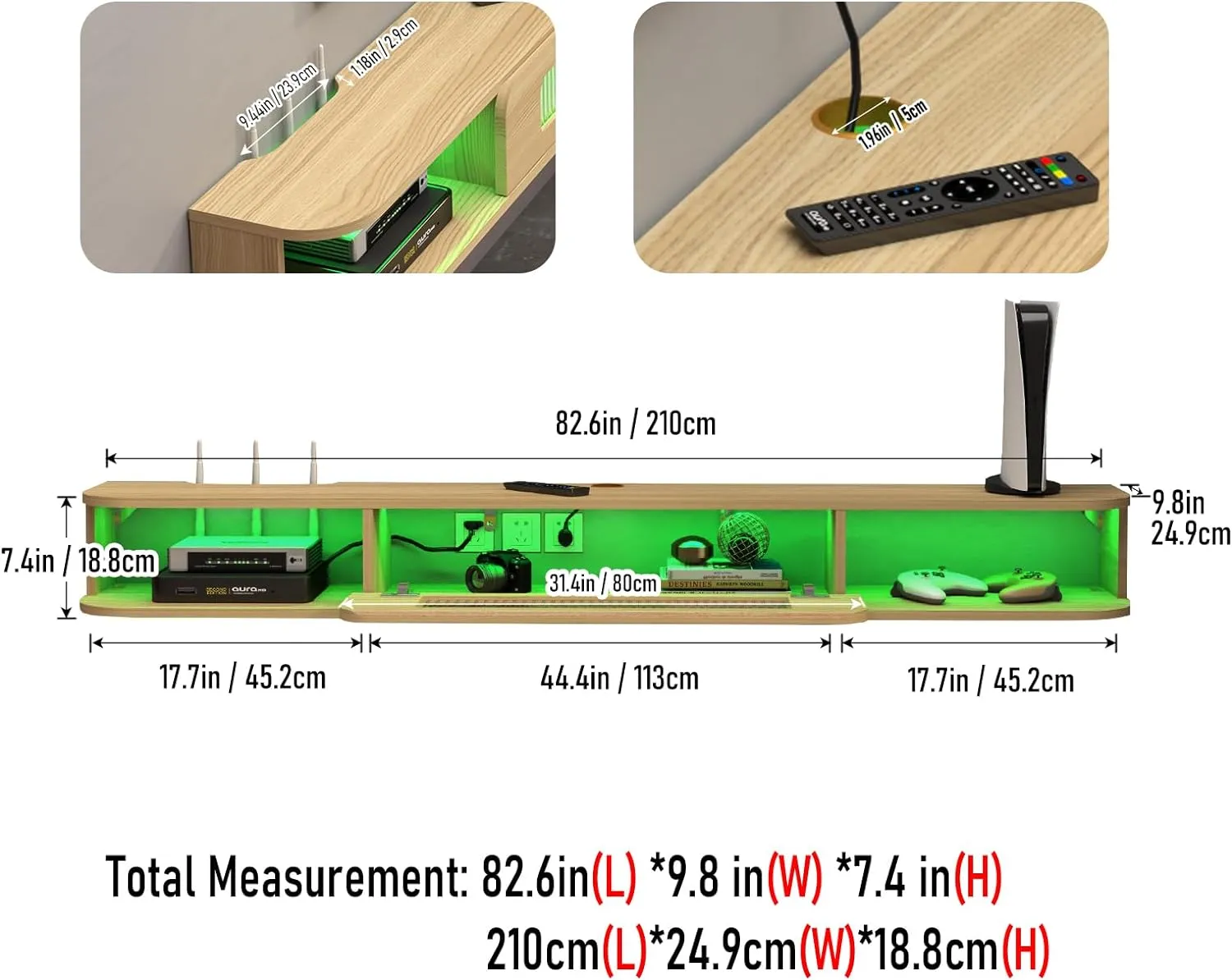 82.6" Slim Floating TV Stand Wall Shelf with LED Lights and Glass Door for up to 85" TVs, Light Oak