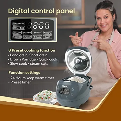 AGARO Imperial Electric Rice Cooker, 2 Litre Ceramic Coated Inner Bowl, Steam Basket, 8 Preset Cooking Function, Advanced Fuzzy Logic, 24 Hours Keep Warm Function, Cooks up to 3 Cups of Raw Rice, Grey