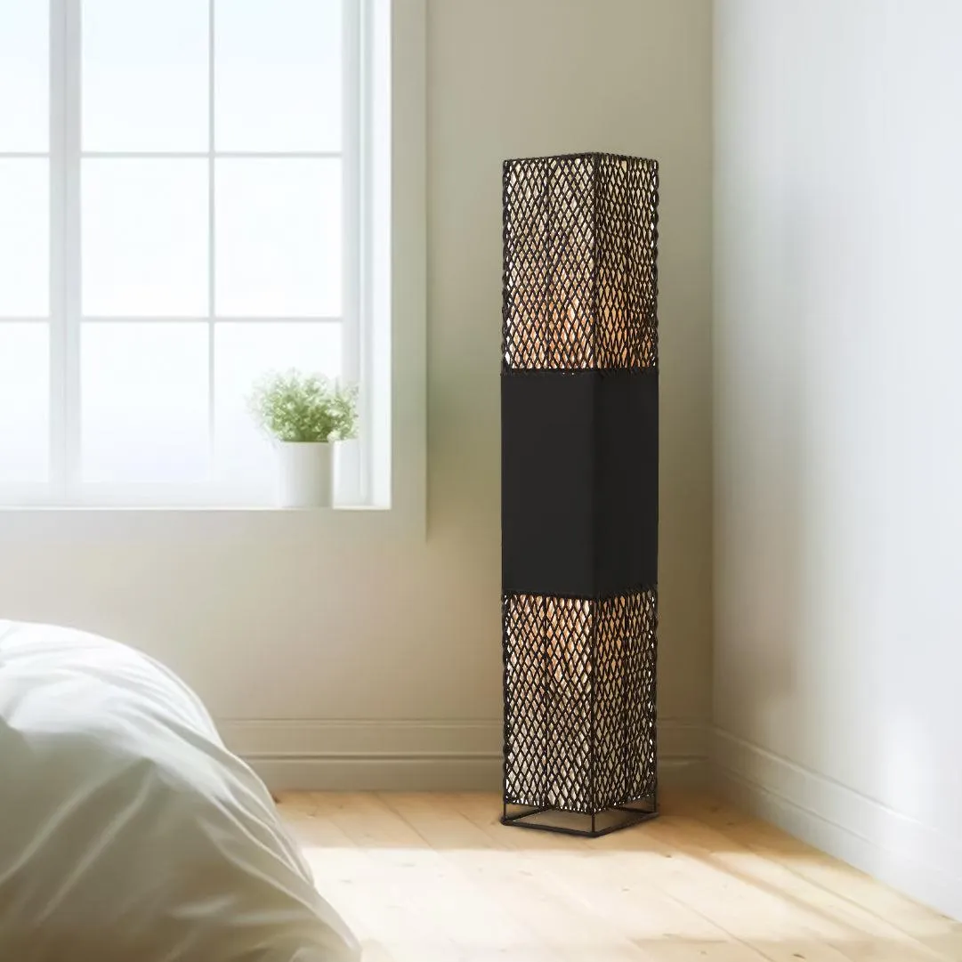 Anna Lattice Floor Lamp - Black or Khaki Paper Rope and Linen Shade, 1505mm High, PL0297