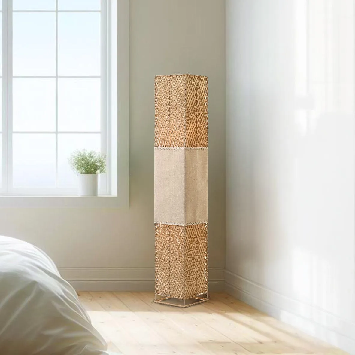 Anna Lattice Floor Lamp - Black or Khaki Paper Rope and Linen Shade, 1505mm High, PL0297