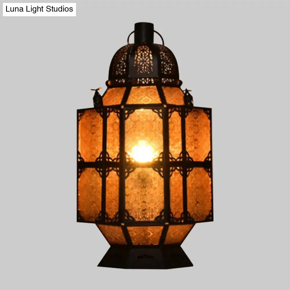 Art Deco Amber Glass Lantern Nightstand Lamp for Bar - Rustic 1-Bulb Task Lighting
