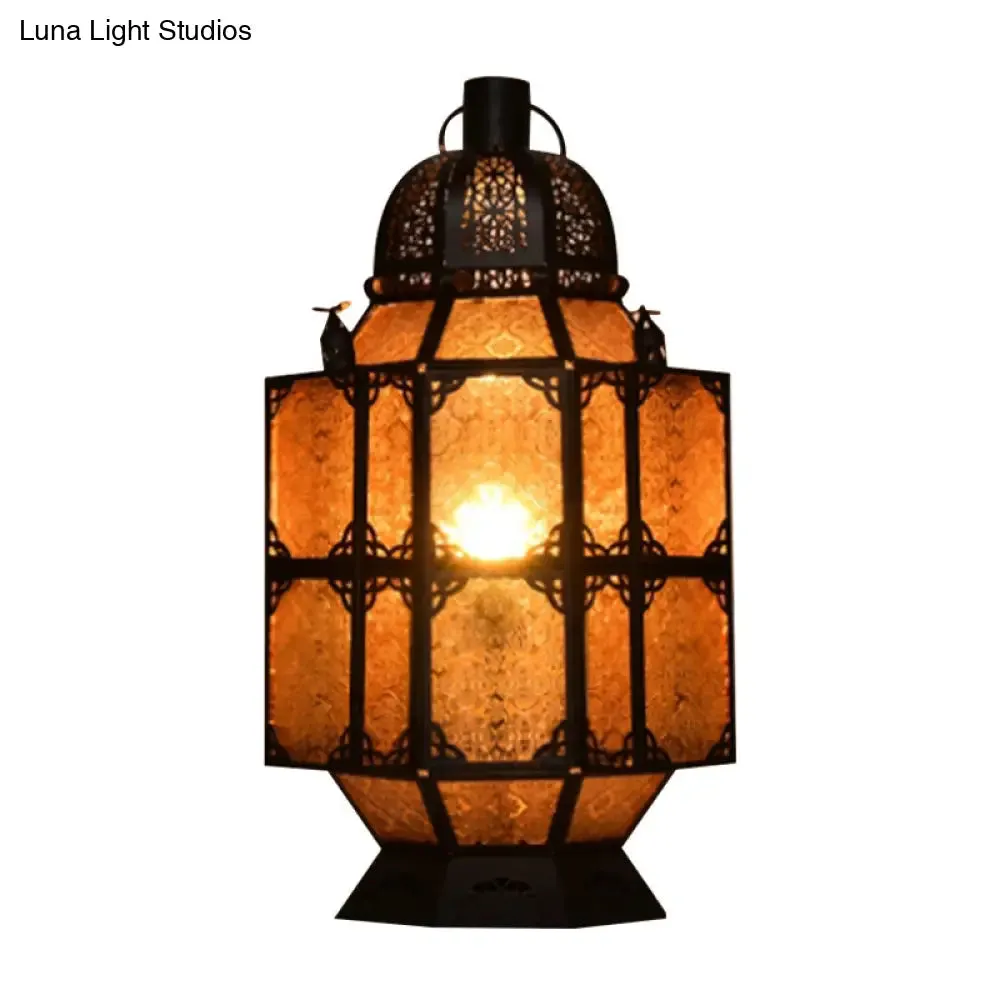 Art Deco Amber Glass Lantern Nightstand Lamp for Bar - Rustic 1-Bulb Task Lighting