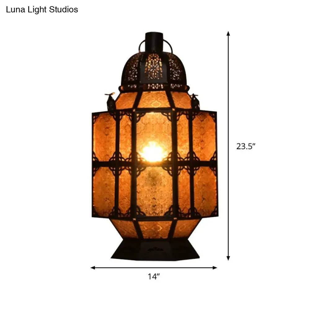 Art Deco Amber Glass Lantern Nightstand Lamp for Bar - Rustic 1-Bulb Task Lighting