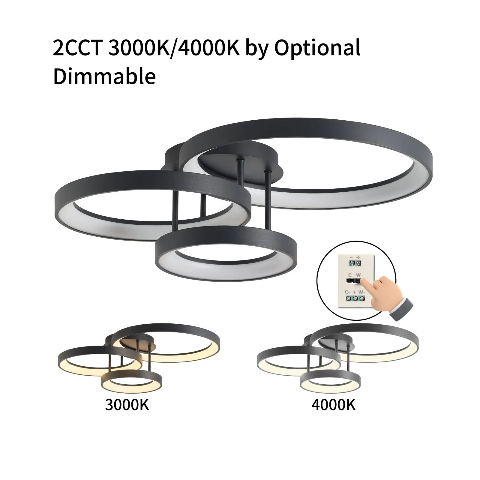 AVLON LED 3-RING Ceiling Type Light Fixture 88W 2CCT 5000lm Dimmable