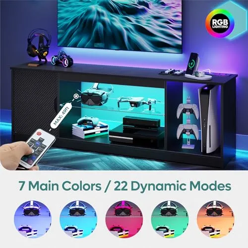 Bestier LED TV Stand with Power Outlets for 55/60/65 Inch TV, Gaming Entertainment Center with Cabinet for PS5, Modern TV Cabinet with Adjustable Glass Shelves for Living Room, Bedroom 58 Inch,Black