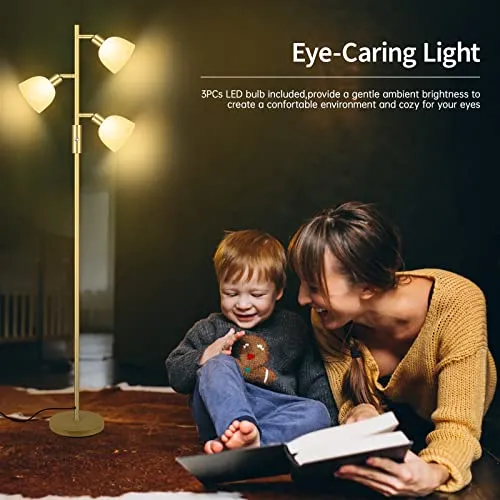 BoostArea Floor Lamp, Standing Lamp, Gold Torchiere Floor Lamp with 3 Adjustable Rotating Lights, 3 Way Switch, 3PCs E12 4W LED Bulb Included, Metal Pole Lamps for Living Room, Bedroom, Home, Office