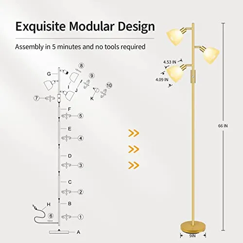 BoostArea Floor Lamp, Standing Lamp, Gold Torchiere Floor Lamp with 3 Adjustable Rotating Lights, 3 Way Switch, 3PCs E12 4W LED Bulb Included, Metal Pole Lamps for Living Room, Bedroom, Home, Office