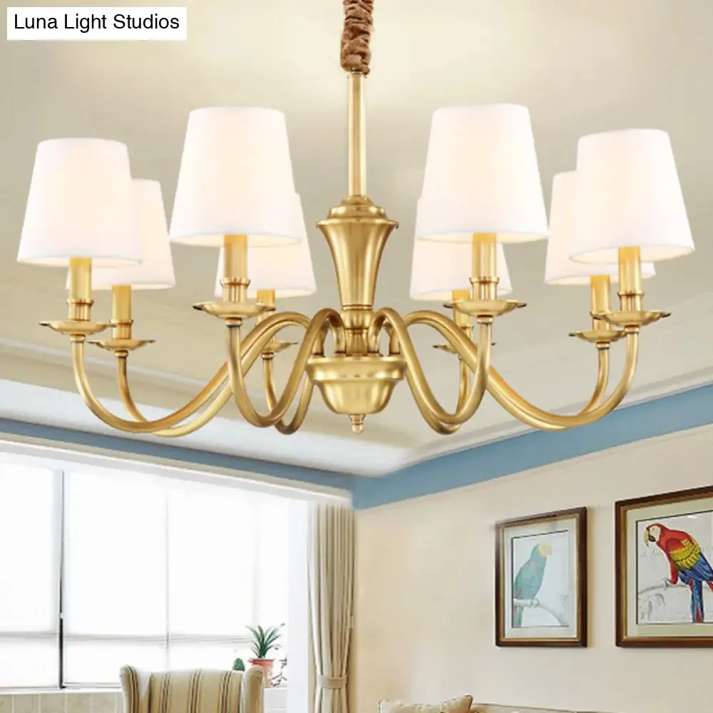 Colonial Style Hanging Chandelier - Gold 6/8-Light Fabric Conical Suspension Pendant
