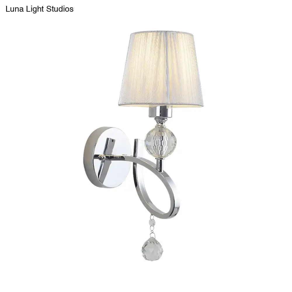 Conical Parlor Wall Lamp Fixture: 1-Light Classic Fabric Wall Lighting with Crystal Drop in Chrome