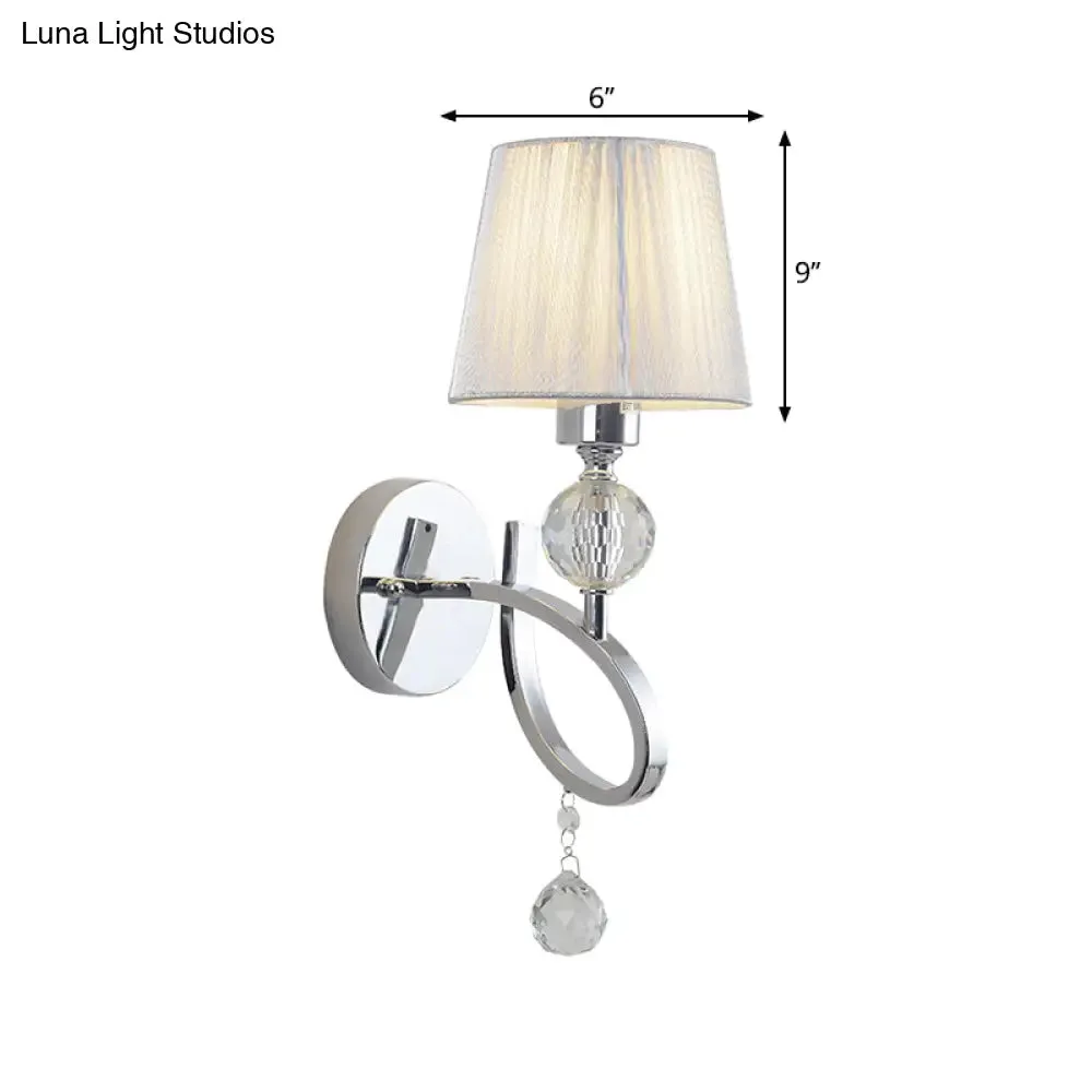 Conical Parlor Wall Lamp Fixture: 1-Light Classic Fabric Wall Lighting with Crystal Drop in Chrome