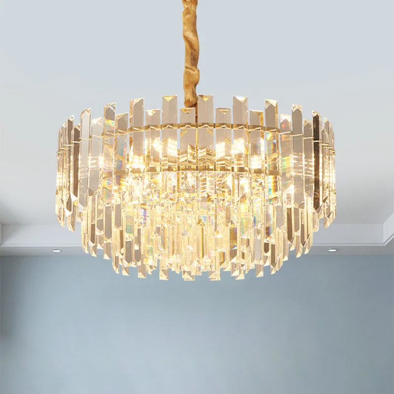 Contemporary Drum Pendant Light Fixture with Crystal Prismatic Clear Bulbs, 18"/23.5" Wide