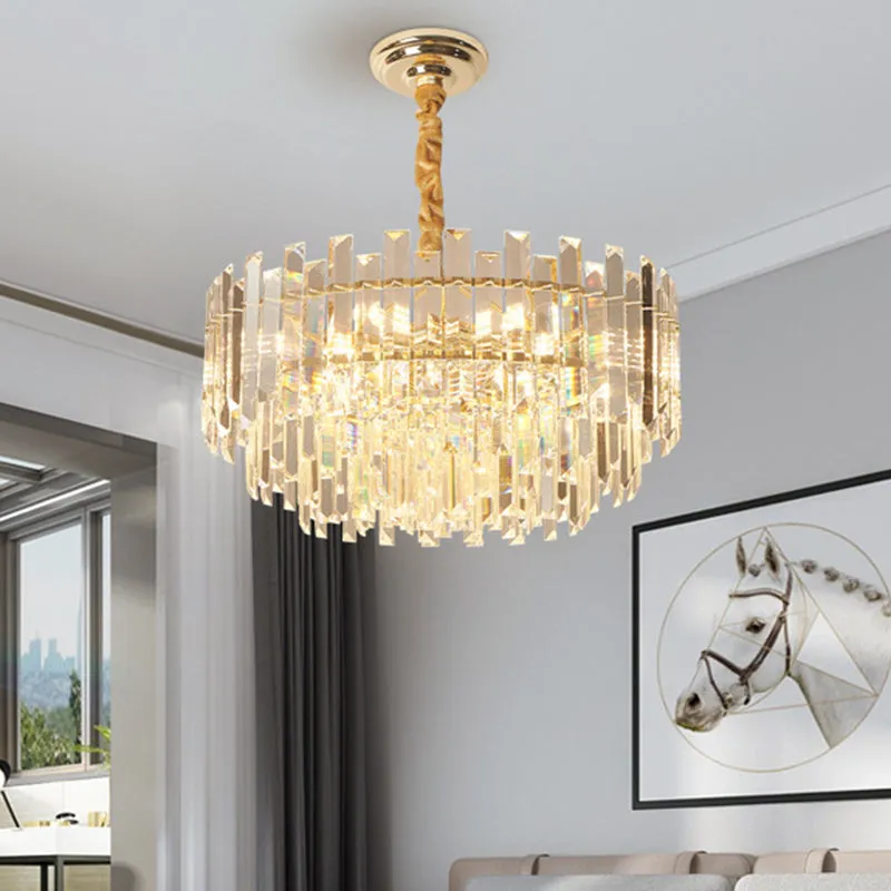 Contemporary Drum Pendant Light Fixture with Crystal Prismatic Clear Bulbs, 18"/23.5" Wide