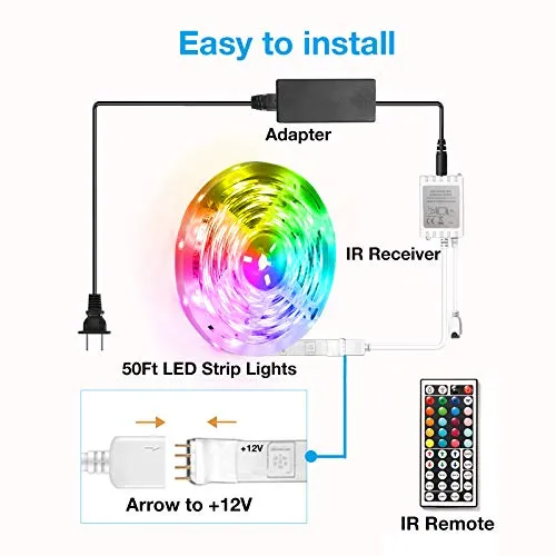 DAYBETTER (2rd Gen) SMD 5050 Remote Control Led Strip Lights 50ft Color Changing with 44Keys Remote Controller and 12V Power Supply for Bedroom