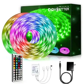 DAYBETTER Waterproof Led Lights for Bedroom, 32.8ft (2 Rolls of 16.4ft) Led Strip Lights, 300 LEDs Color Changing RGB with 44 Keys Remote Controller, 12v Power Supply for Outdoor Room Home Decoration
