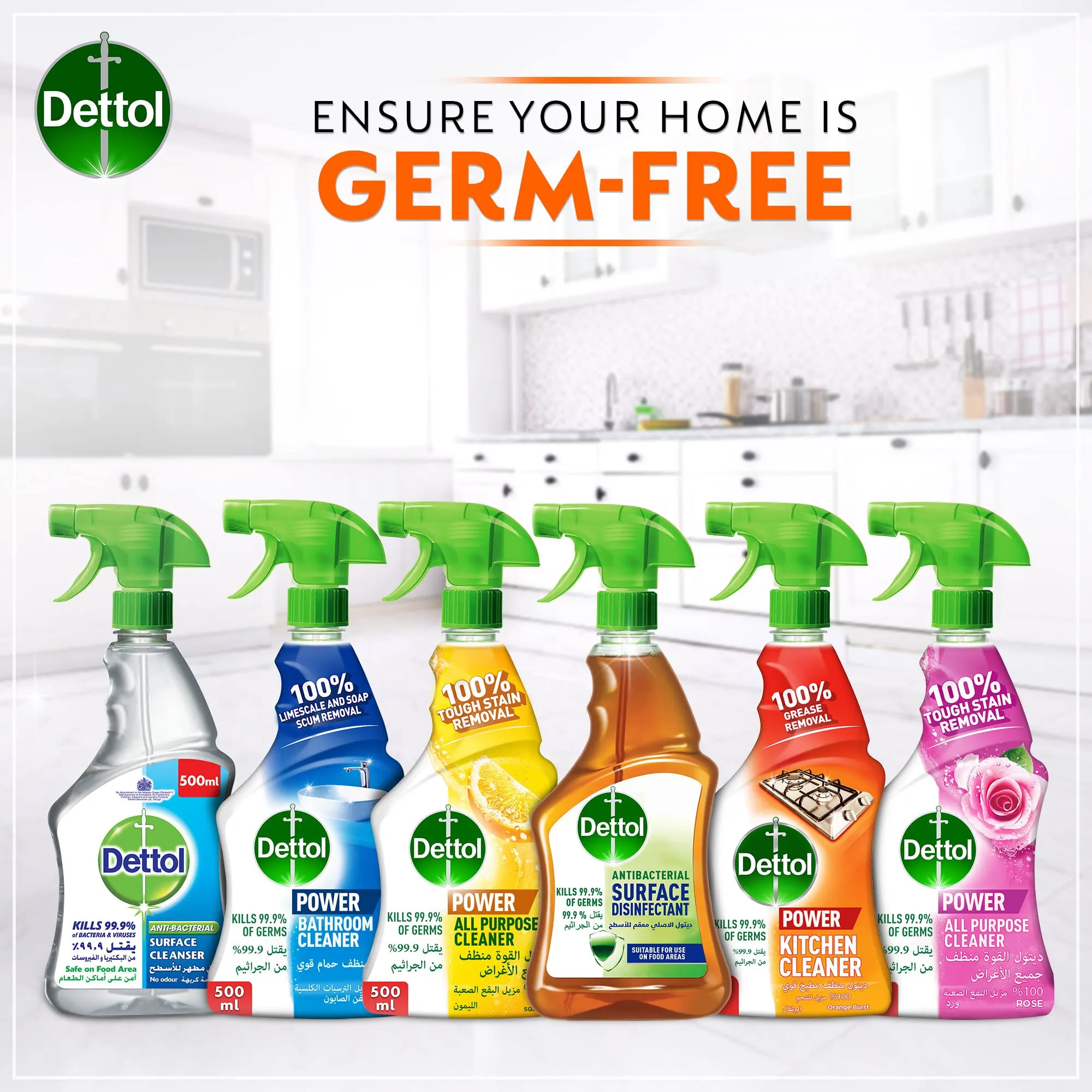Dettol All Purpose Cleaner (Lemon) with Kitchen Cleaner (Orange Burst) Trigger Spray, 500 ml (Pack of 2)