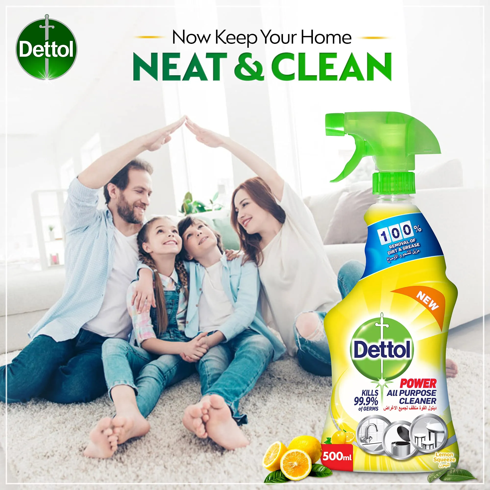 Dettol All Purpose Cleaner (Lemon) with Kitchen Cleaner (Orange Burst) Trigger Spray, 500 ml (Pack of 2)