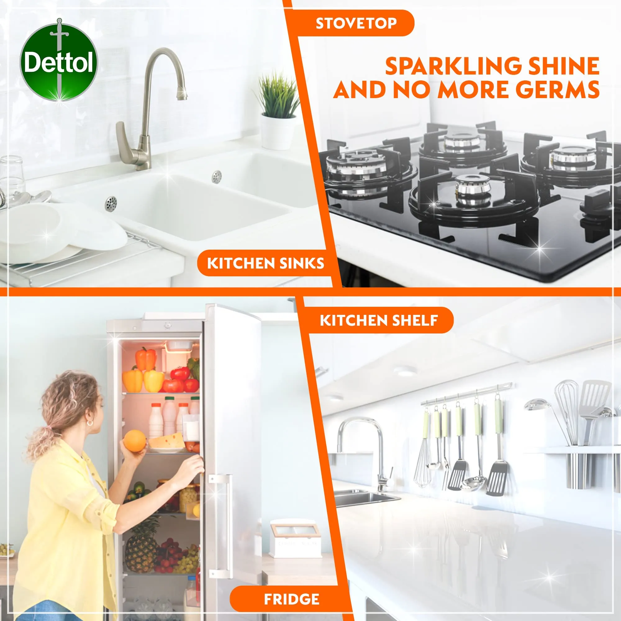 Dettol All Purpose Cleaner (Lemon) with Kitchen Cleaner (Orange Burst) Trigger Spray, 500 ml (Pack of 2)