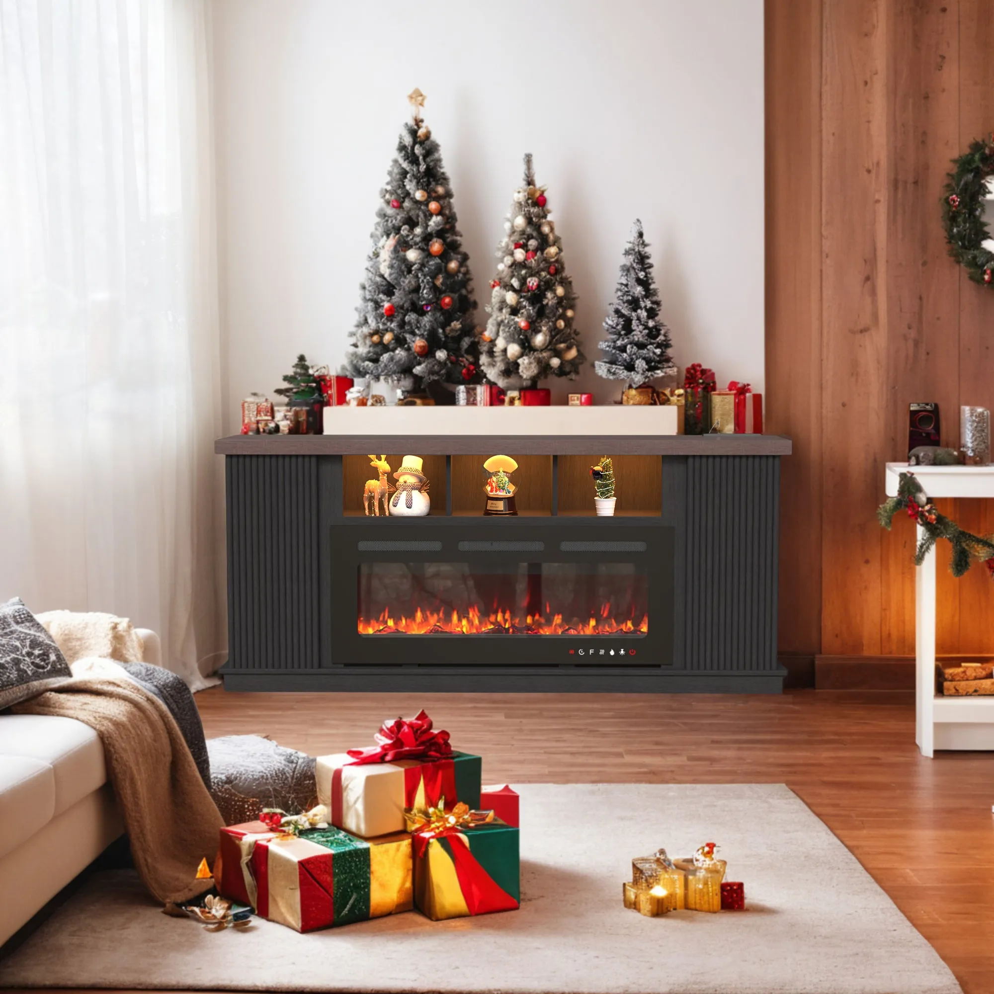EROMMY 70 Inch TV Cabinet with Electric Fireplace, fire place tv stands for living room, LED Light Bar, Dark Walnut Color