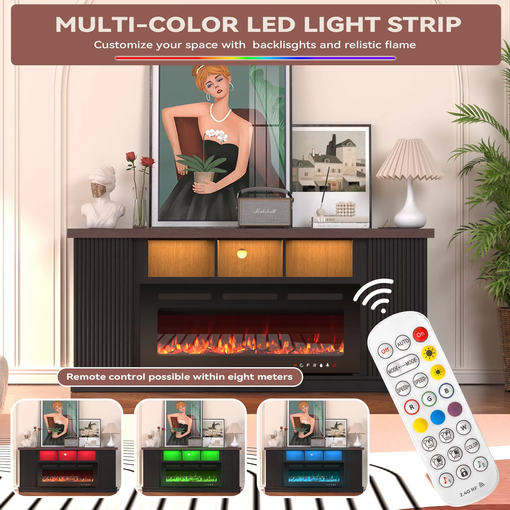 EROMMY 70 Inch TV Cabinet with Electric Fireplace, fire place tv stands for living room, LED Light Bar, Dark Walnut Color