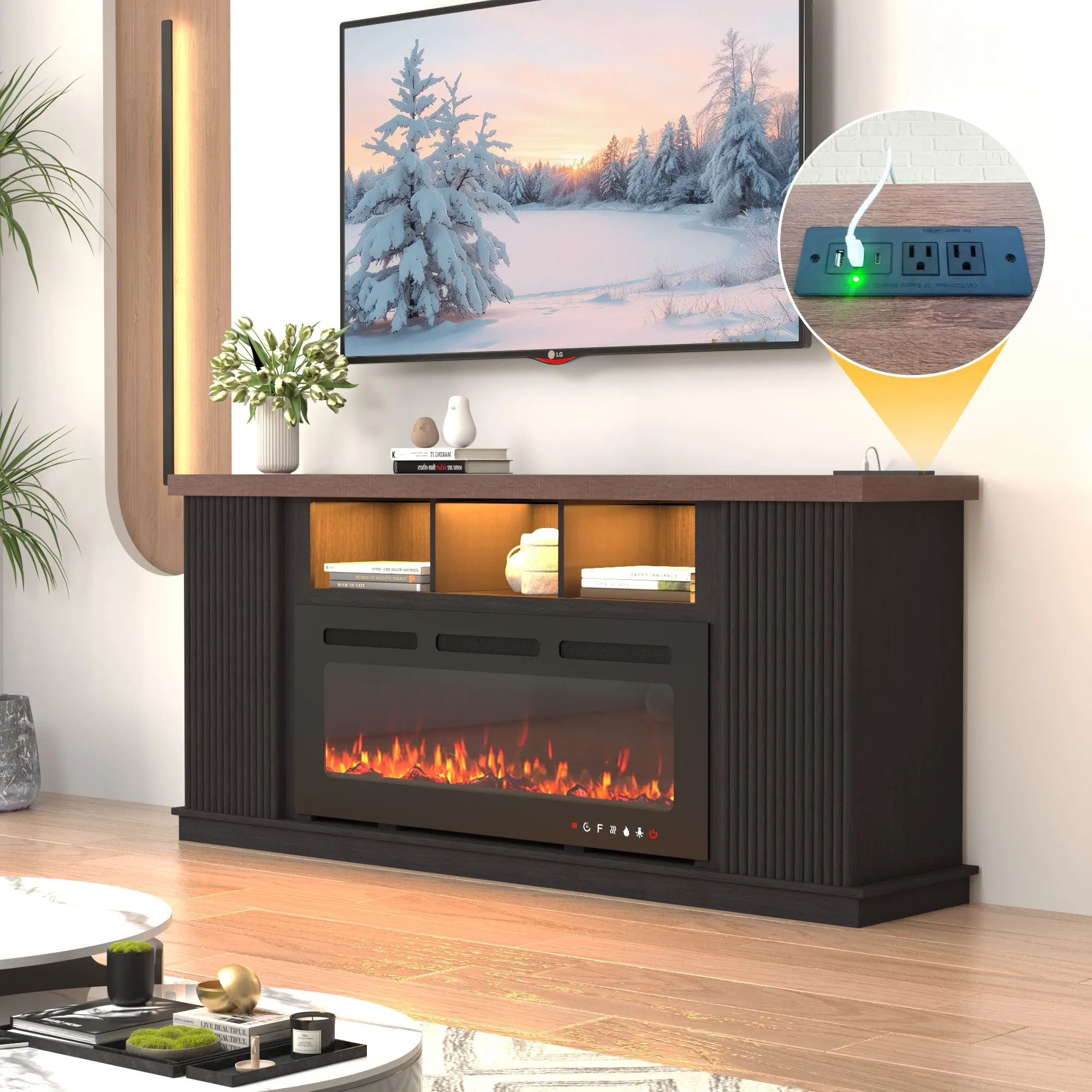 EROMMY 70 Inch TV Cabinet with Electric Fireplace, fire place tv stands for living room, LED Light Bar, Dark Walnut Color
