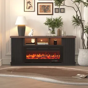 EROMMY 70 Inch TV Cabinet with Electric Fireplace, fire place tv stands for living room, LED Light Bar, Dark Walnut Color