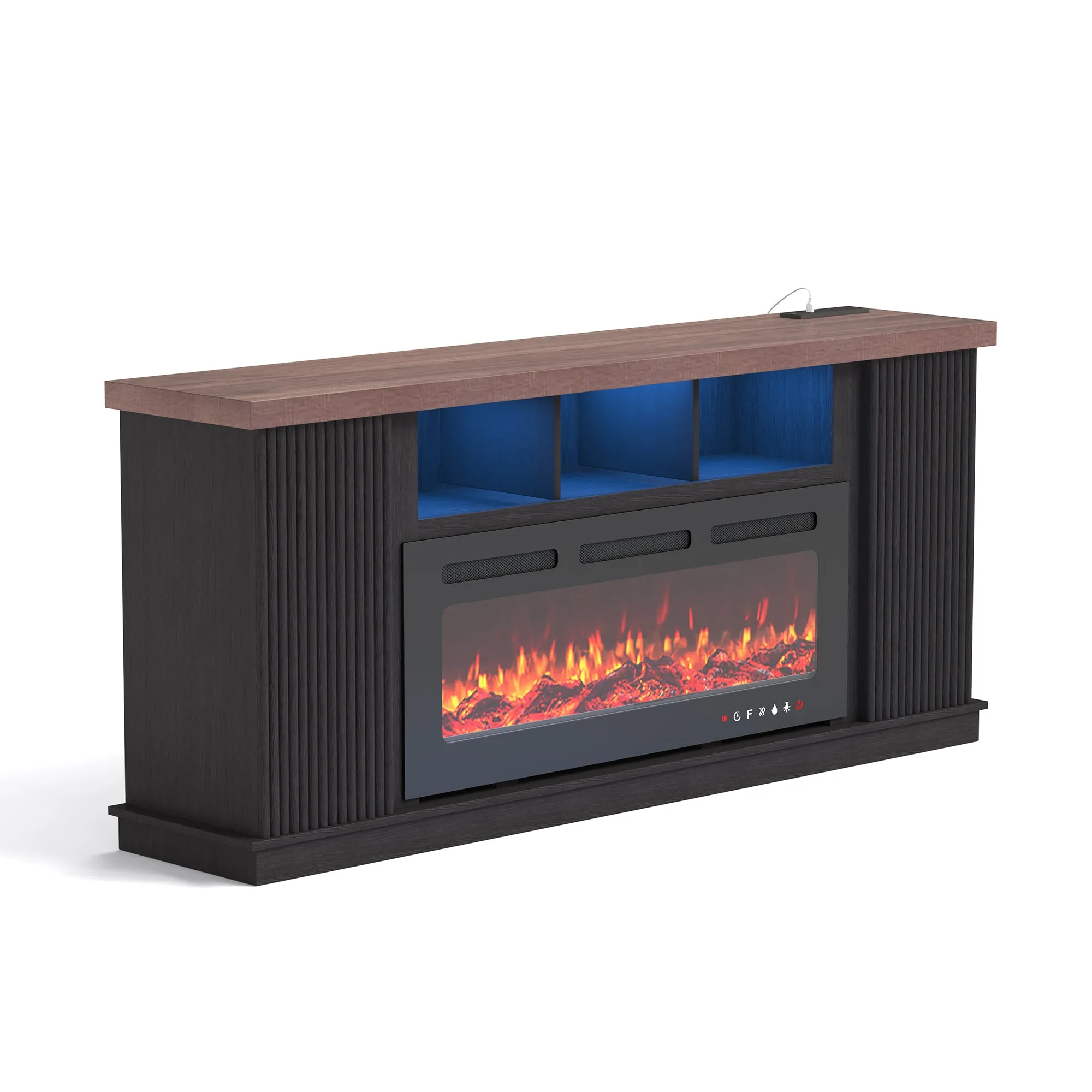 EROMMY 70 Inch TV Cabinet with Electric Fireplace, fire place tv stands for living room, LED Light Bar, Dark Walnut Color