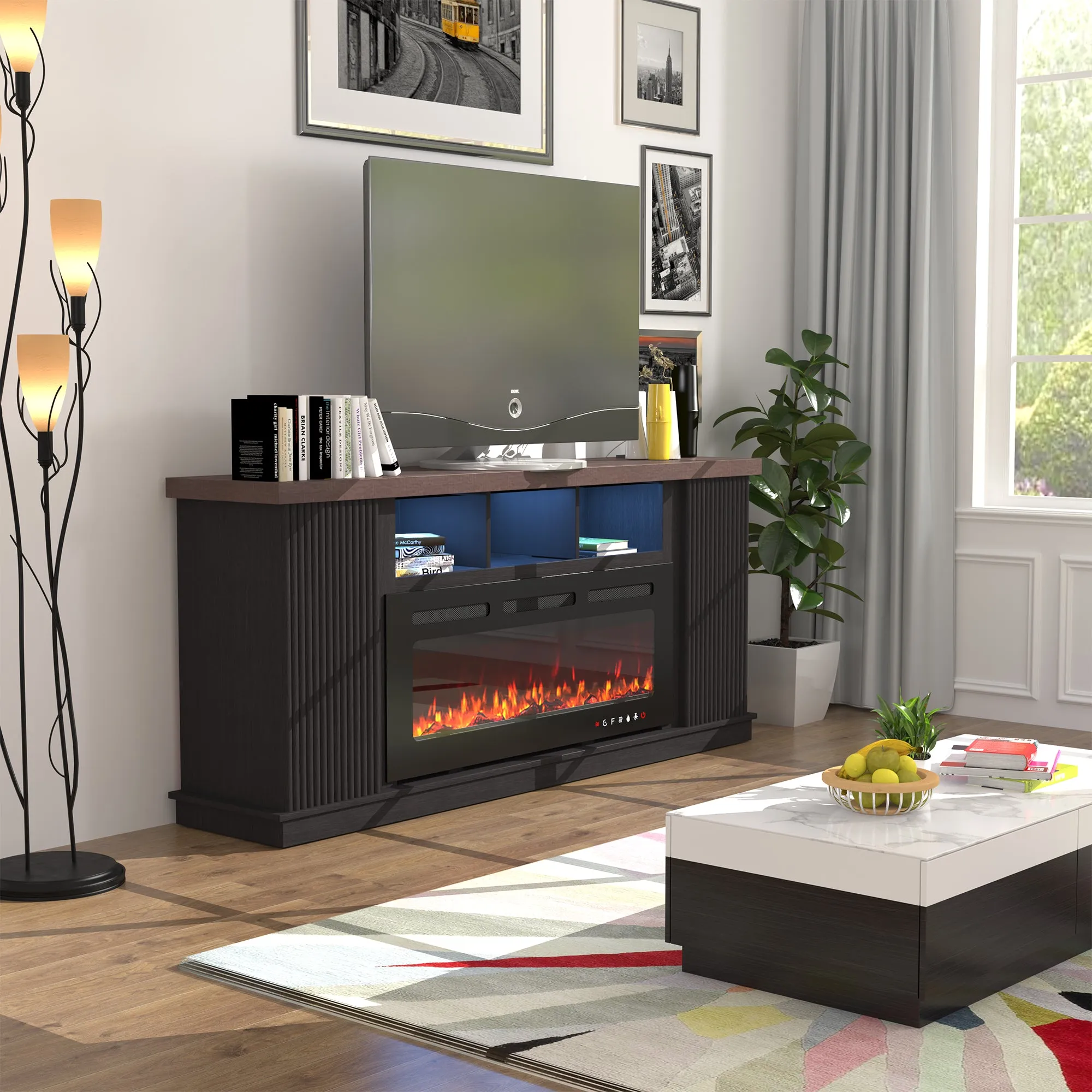 EROMMY 70 Inch TV Cabinet with Electric Fireplace, fire place tv stands for living room, LED Light Bar, Dark Walnut Color
