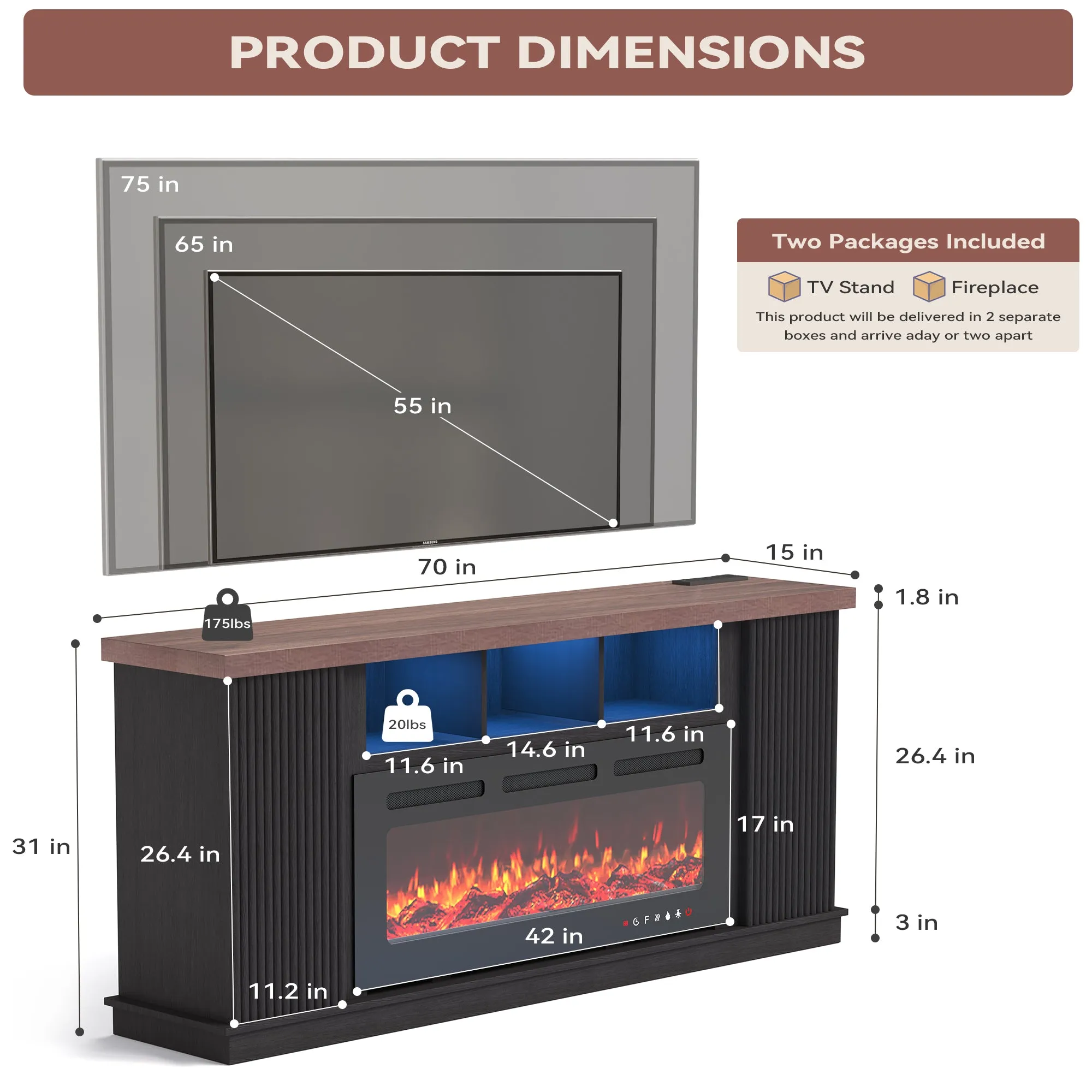 EROMMY 70 Inch TV Cabinet with Electric Fireplace, fire place tv stands for living room, LED Light Bar, Dark Walnut Color