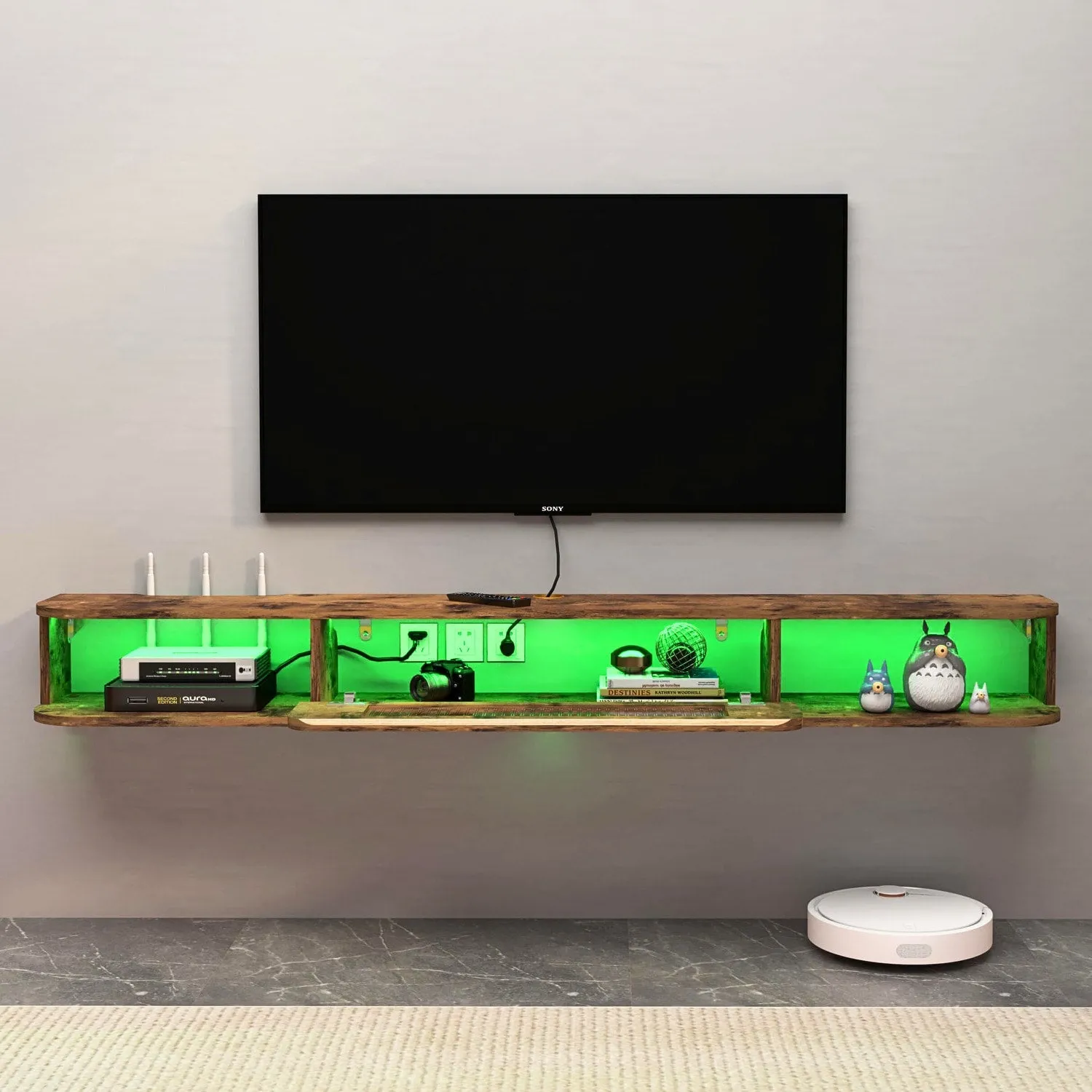 Floating TV Stand with LED Lights and Glass Door for 50" TVs, Light Oak