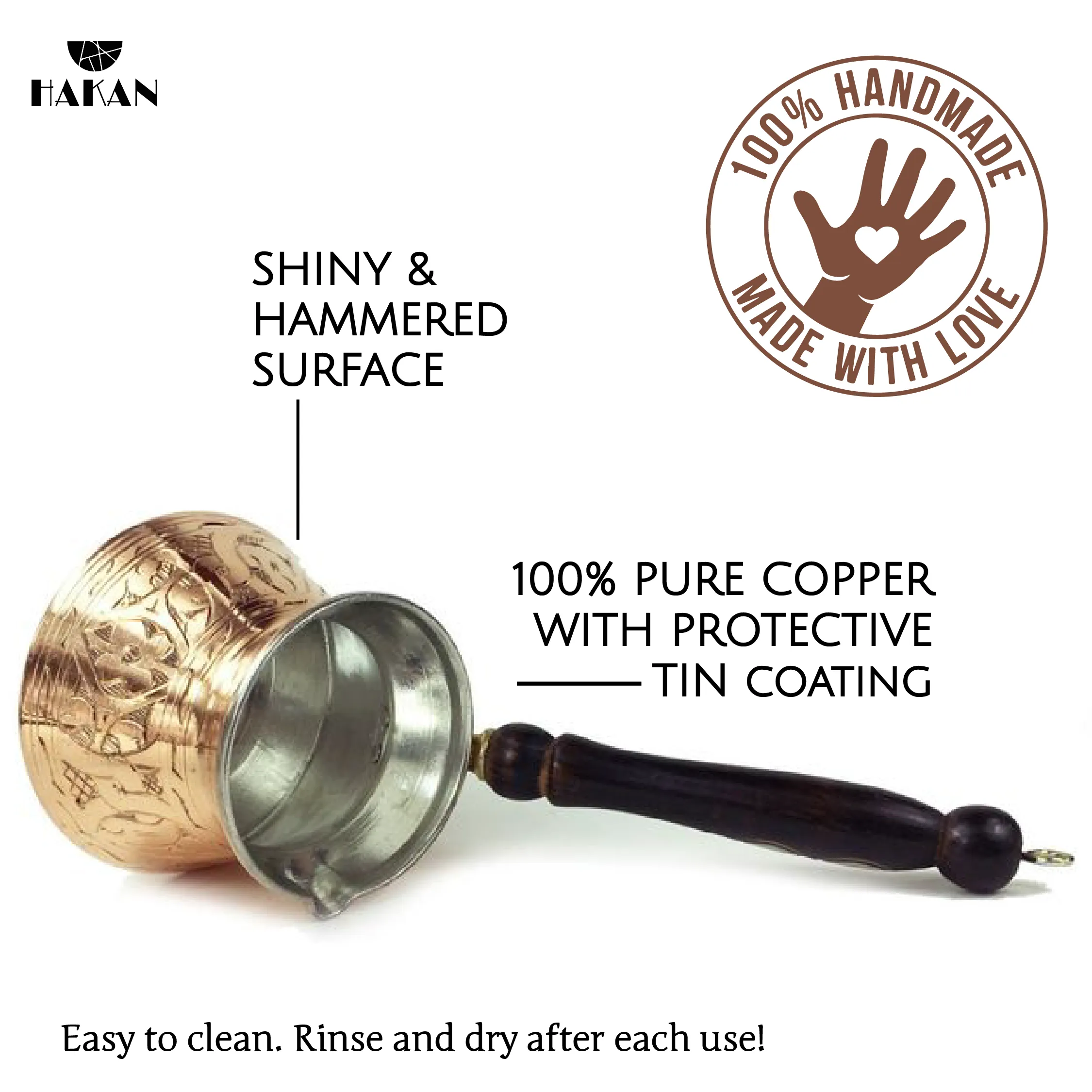 Hakan Thick Copper Turkish Coffee Pot Maker, Wooden Handle
