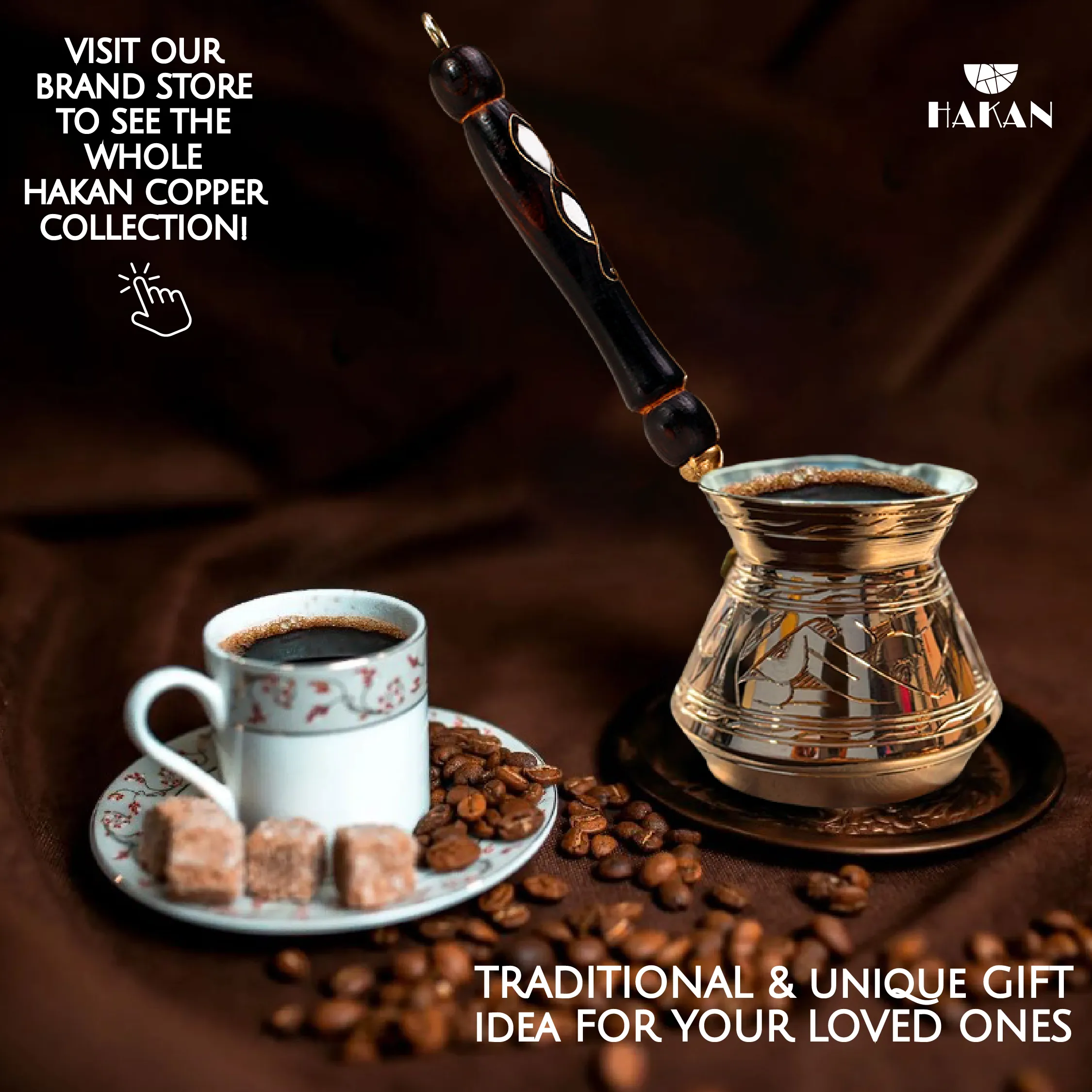 Hakan Thick Copper Turkish Coffee Pot Maker, Wooden Handle