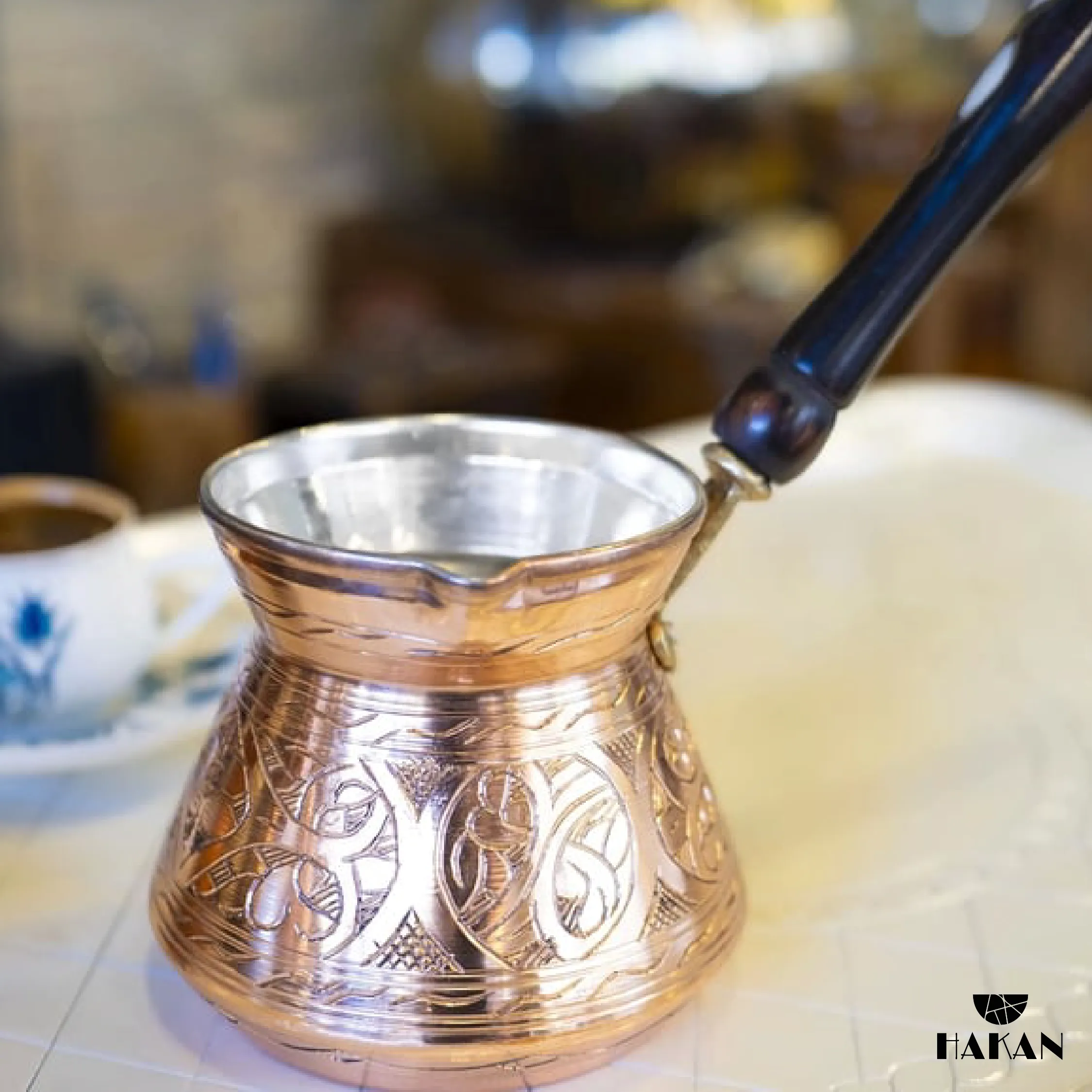 Hakan Thick Copper Turkish Coffee Pot Maker, Wooden Handle