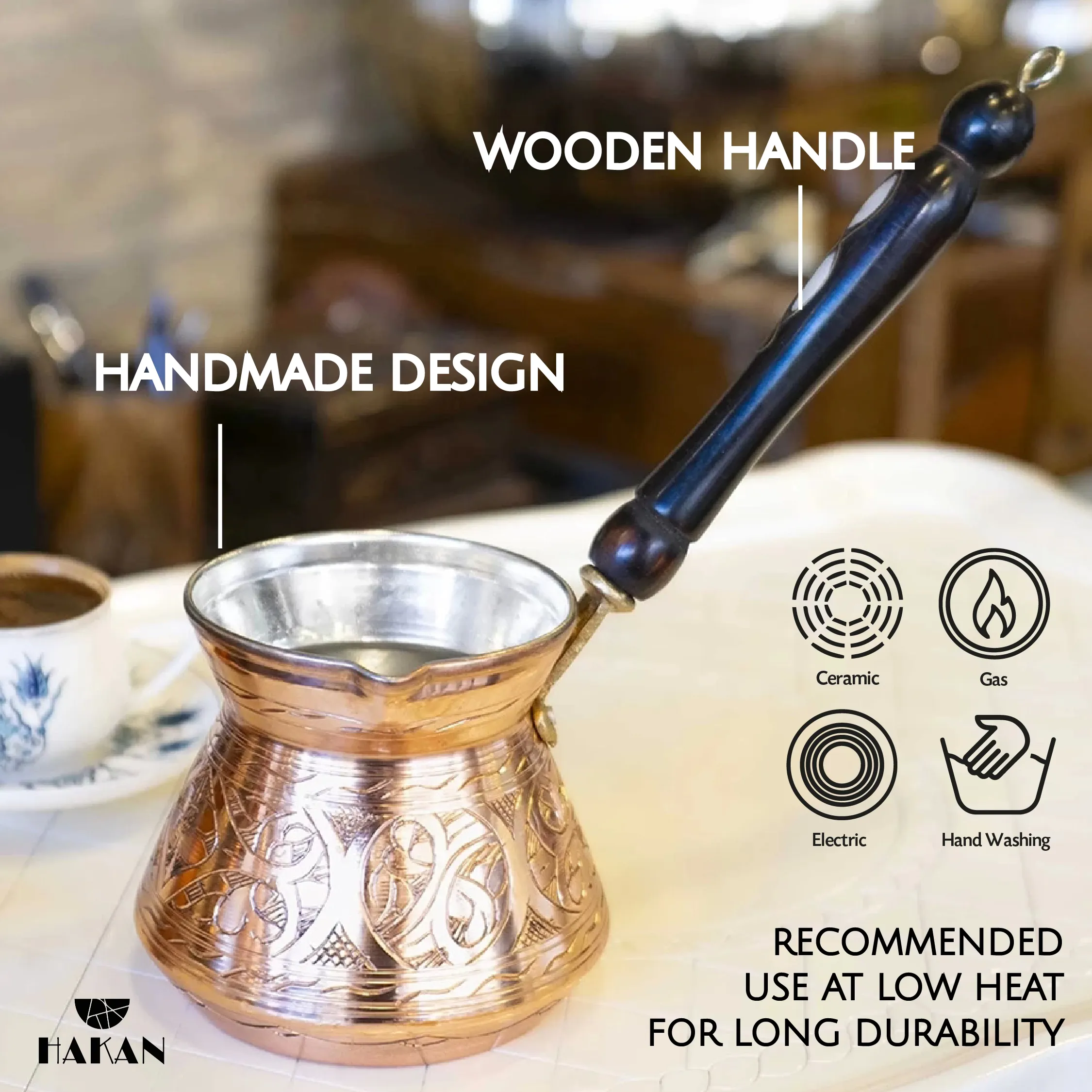 Hakan Thick Copper Turkish Coffee Pot Maker, Wooden Handle