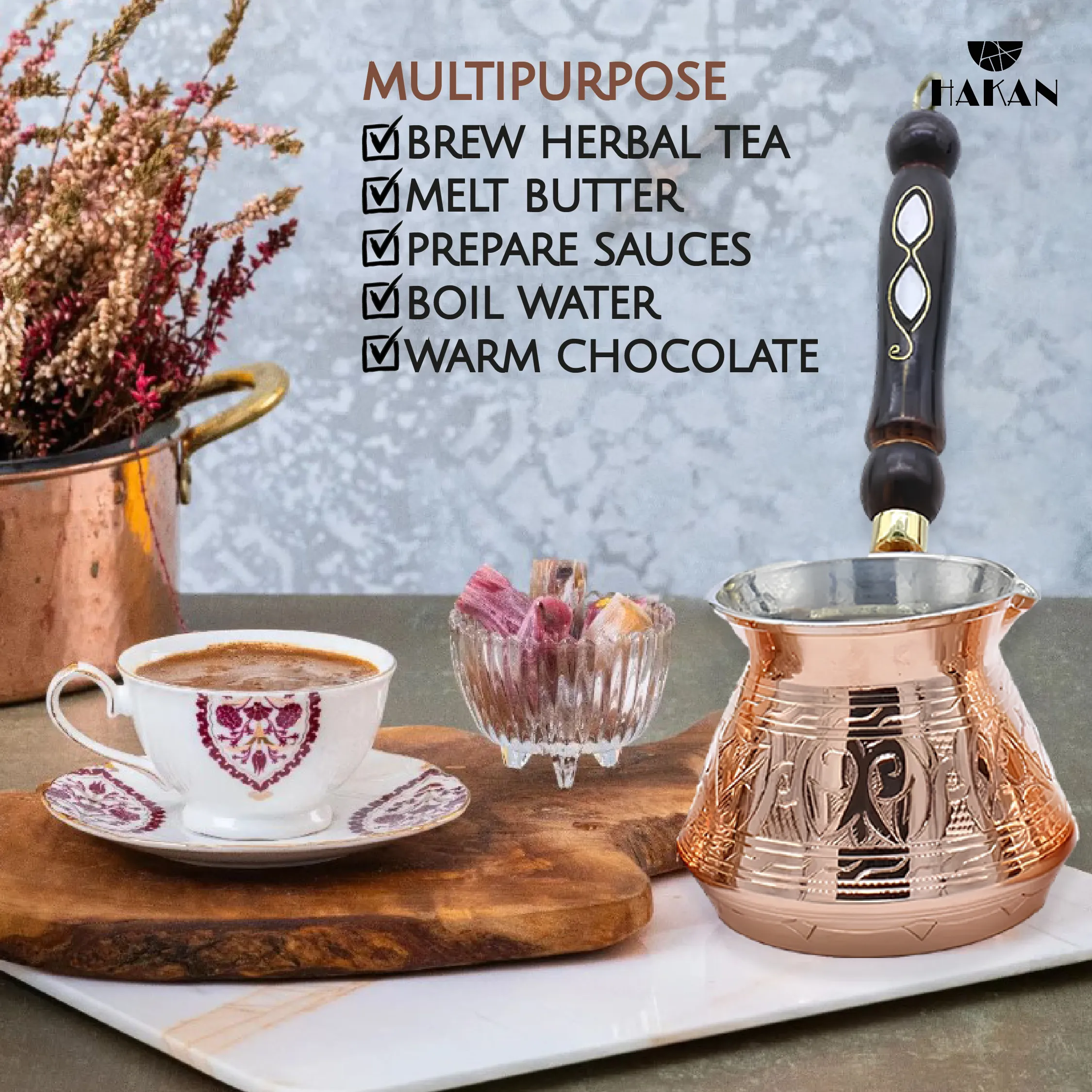 Hakan Thick Copper Turkish Coffee Pot Maker, Wooden Handle