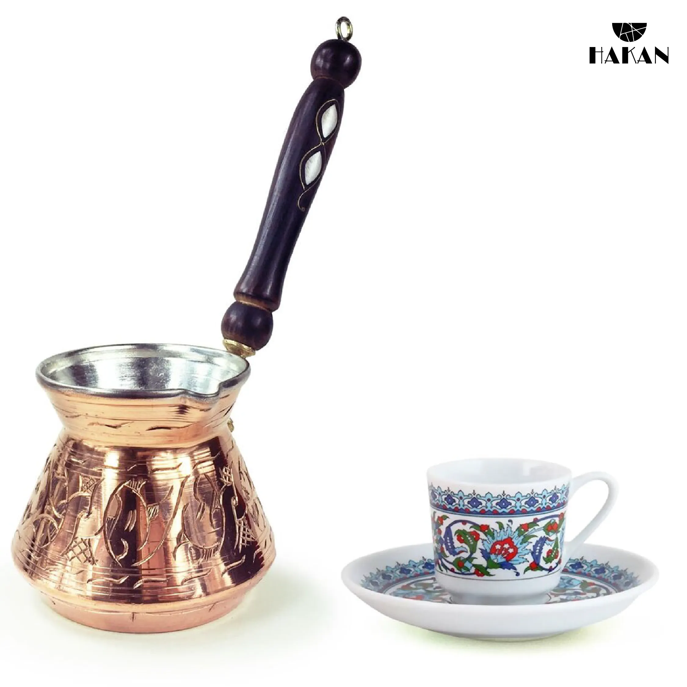 Hakan Thick Copper Turkish Coffee Pot Maker, Wooden Handle