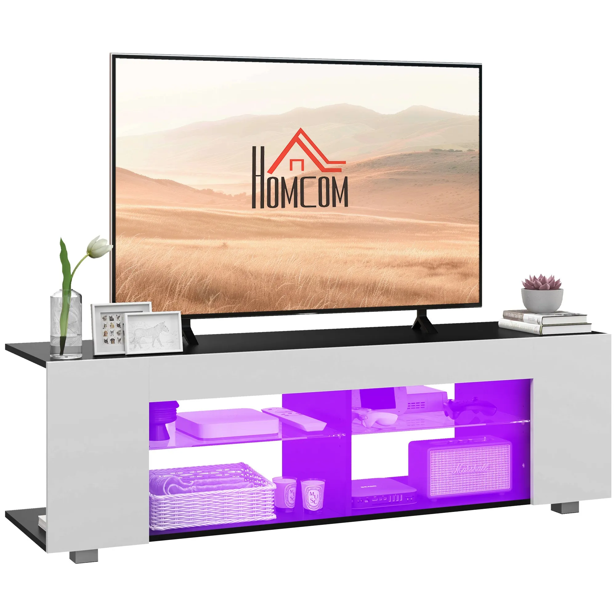 HOMCOM TV Stand 145cm TV Unit With Glass Shelves RGB LED Light For 60 Inch TV
